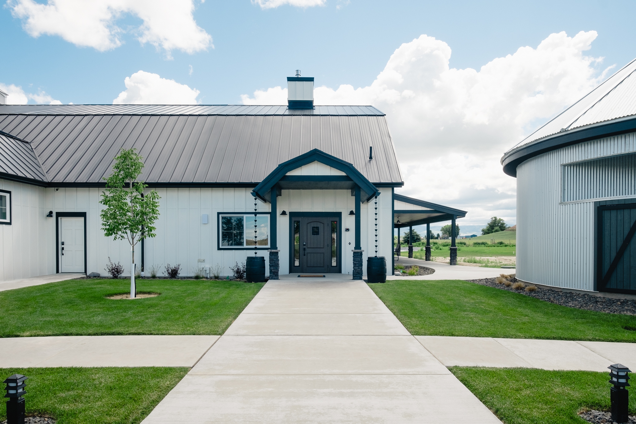 Path from car park to the main entrance to the barn/dining room. The silo suite is to one side