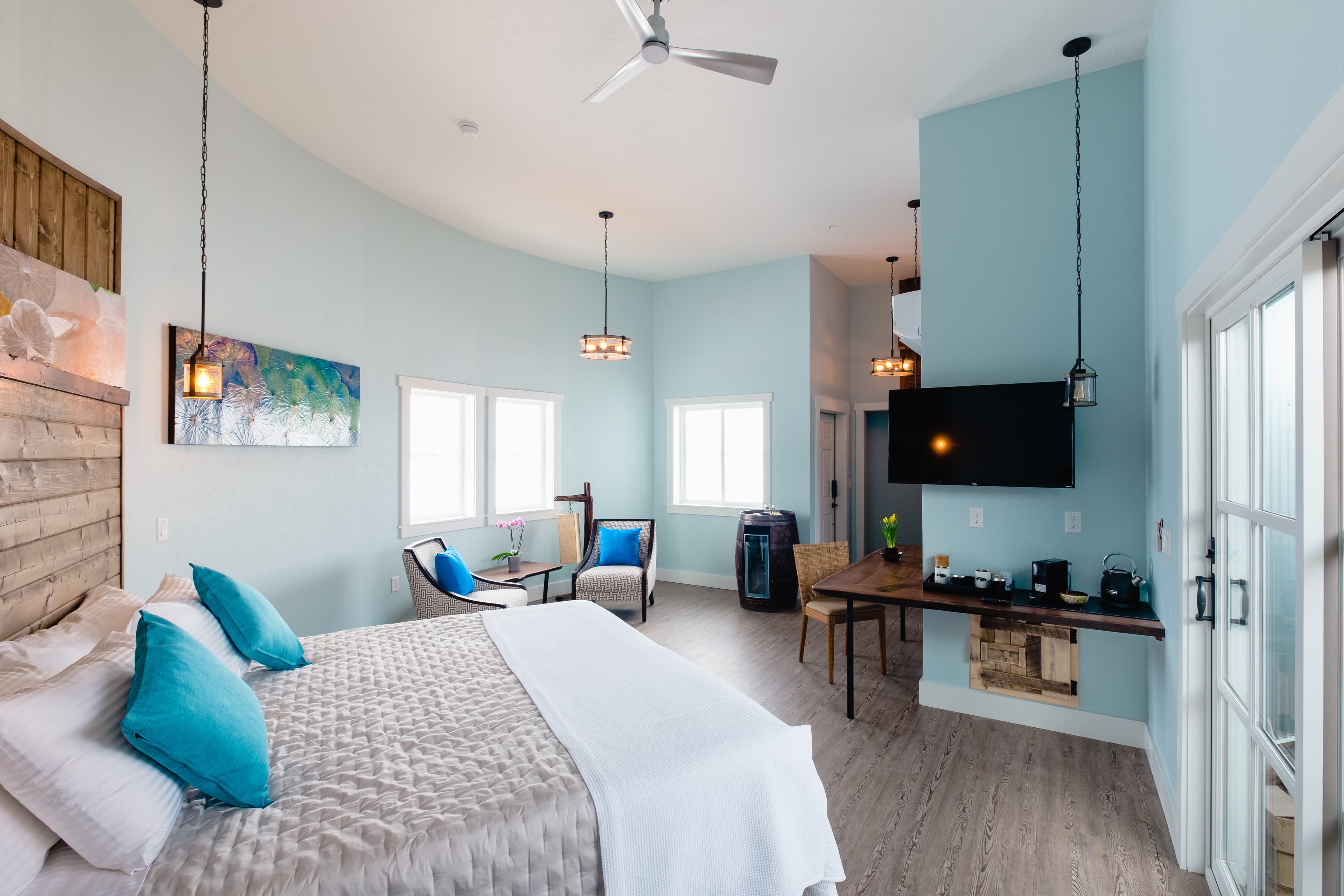 Interior of the Granary - a standalone luxury suite shaped like a grain silo
