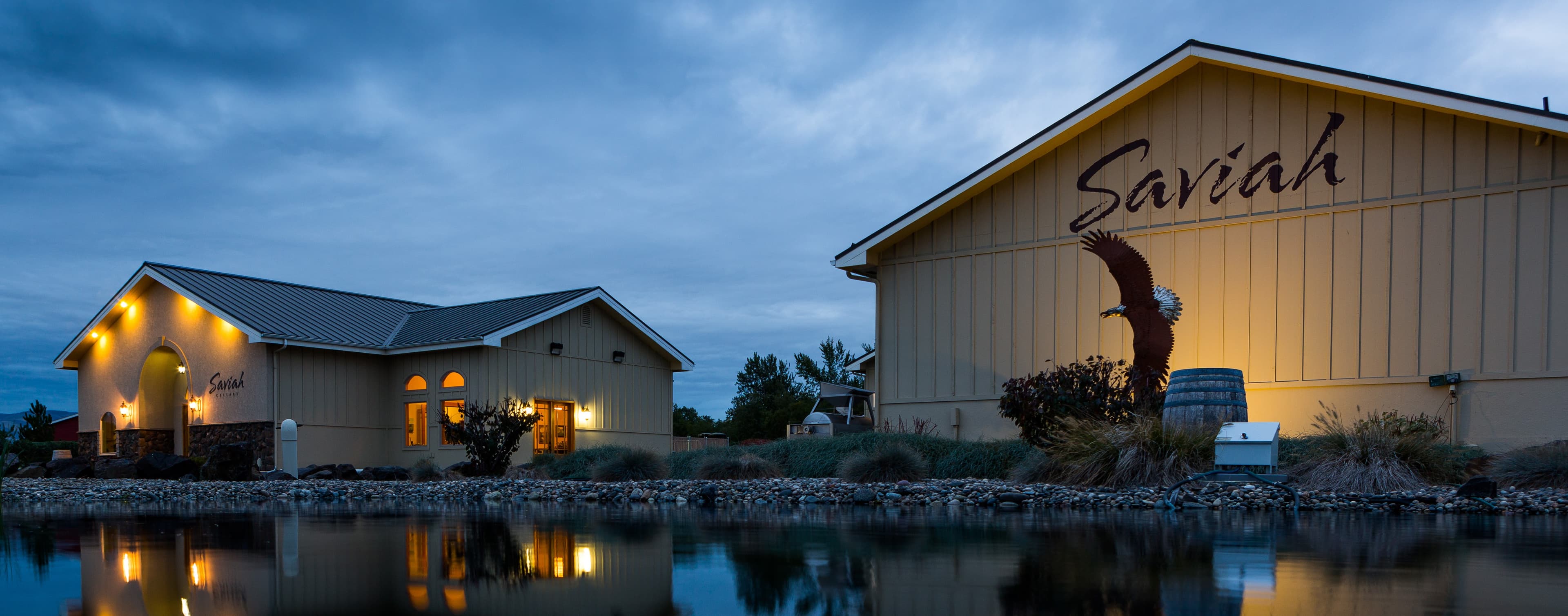 Two buildings with the name "Saviáh," softly illuminated at dusk, reflected in a calm pond.